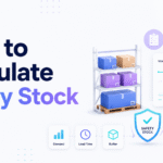 Minimalist blog banner for “How to Calculate Safety Stock” featuring warehouse shelves, inventory boxes, a stock level chart, and the Xorosoft logo.