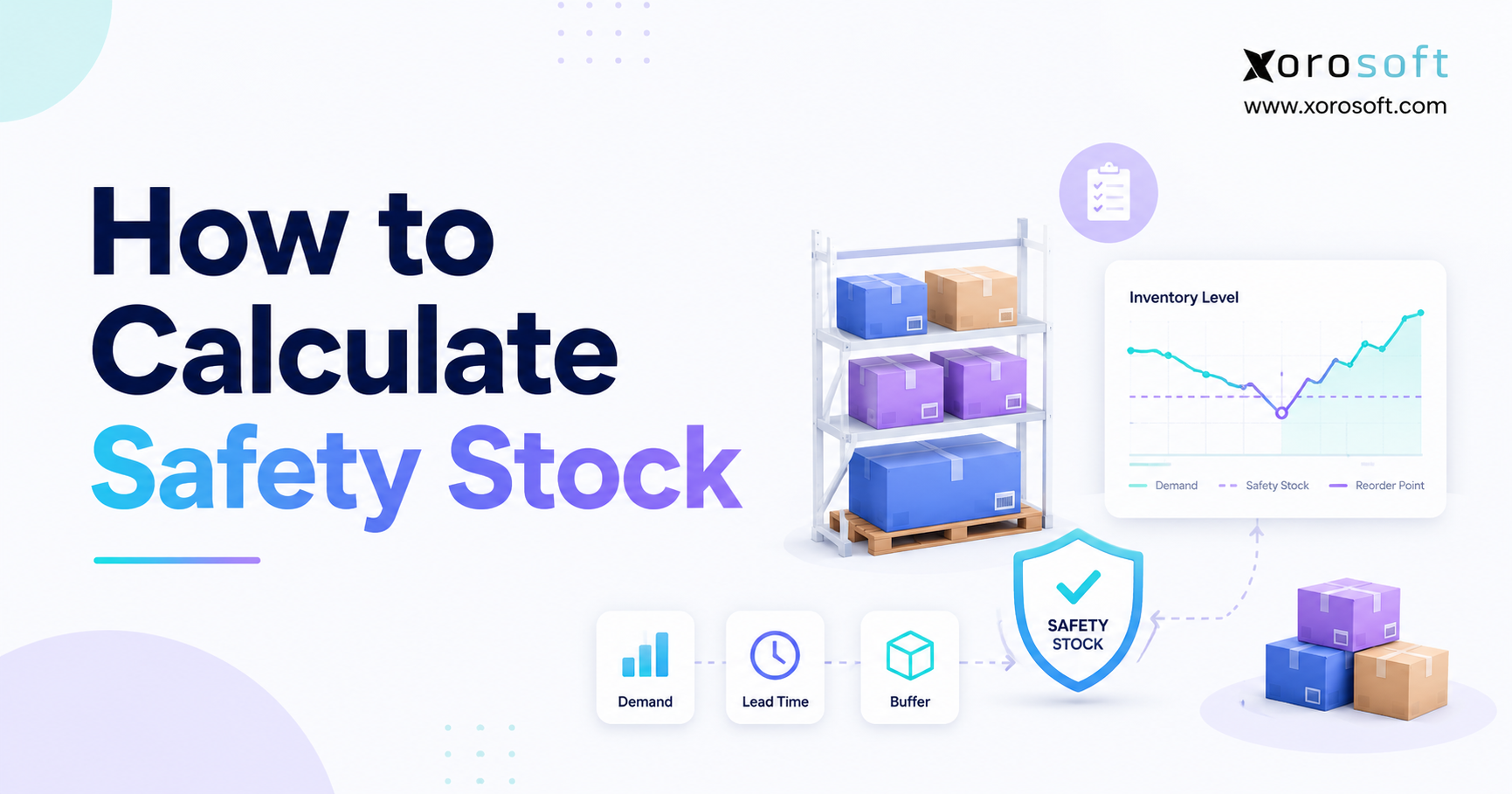 Minimalist blog banner for “How to Calculate Safety Stock” featuring warehouse shelves, inventory boxes, a stock level chart, and the Xorosoft logo.