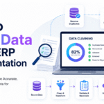 Minimalist Xorosoft blog banner titled “How to Clean Data Before ERP Implementation,” featuring a laptop dashboard, data-cleaning icons, and a workflow showing source data, transformation, validation, ERP migration, and reporting.