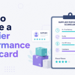 How to Create a Supplier Performance Scorecard blog banner with a supplier scorecard clipboard, KPI metrics, boxes, charts, and Xorosoft branding