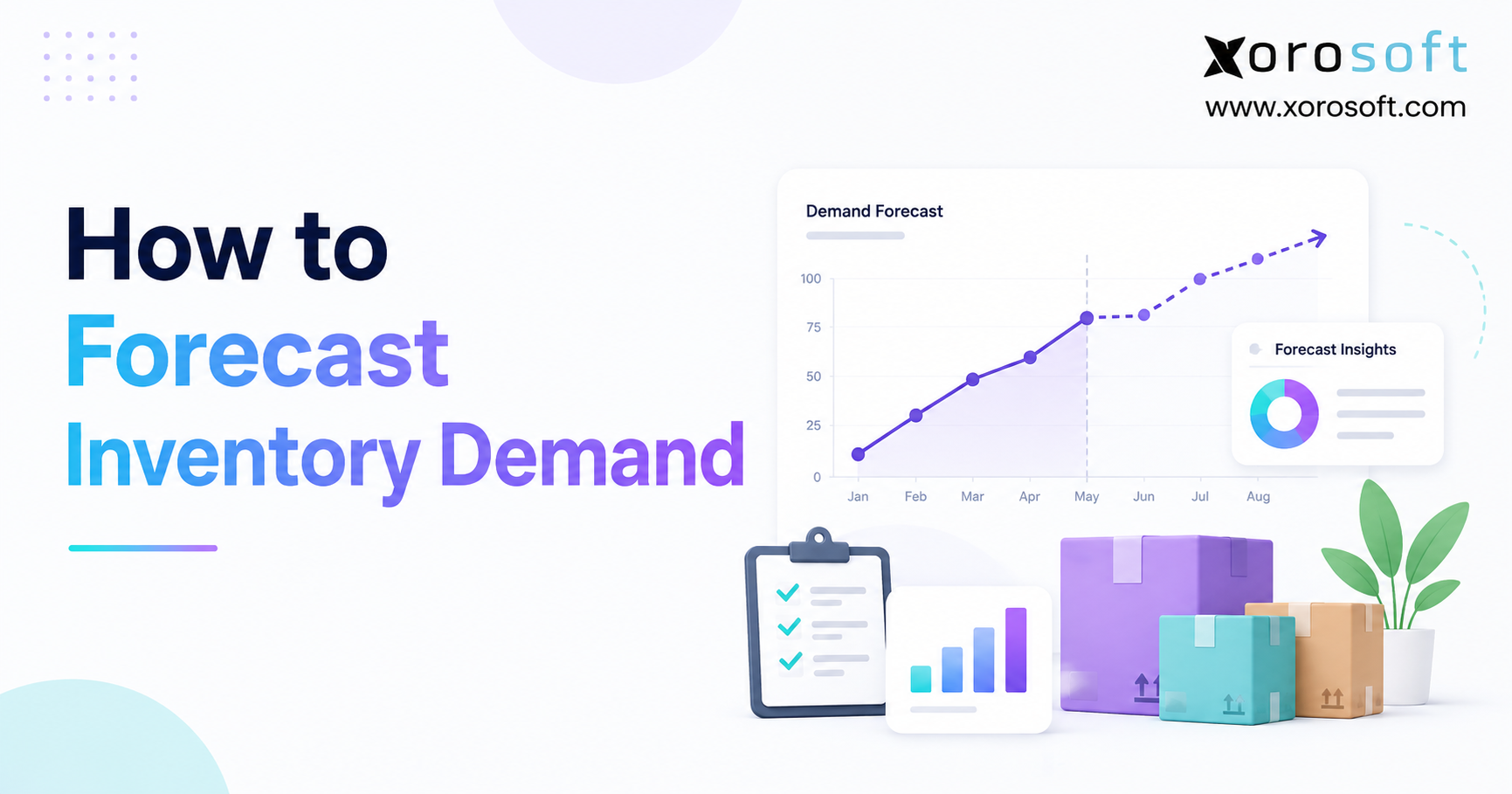 How to Forecast Inventory Demand blog header with demand forecast chart, inventory boxes, checklist, and Xorosoft logo
