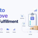 Minimalist blog banner titled “How to Improve Order Fulfillment” with warehouse shelves, boxes, barcode scanner, order checklist, and fulfillment workflow icons.
