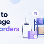 Xorosoft illustration for managing backorders, showing stocked warehouse shelves, delayed inventory, order tracking, and fulfillment workflow.