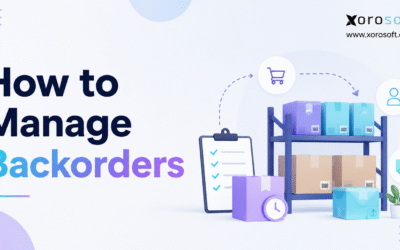 Xorosoft illustration for managing backorders, showing stocked warehouse shelves, delayed inventory, order tracking, and fulfillment workflow.