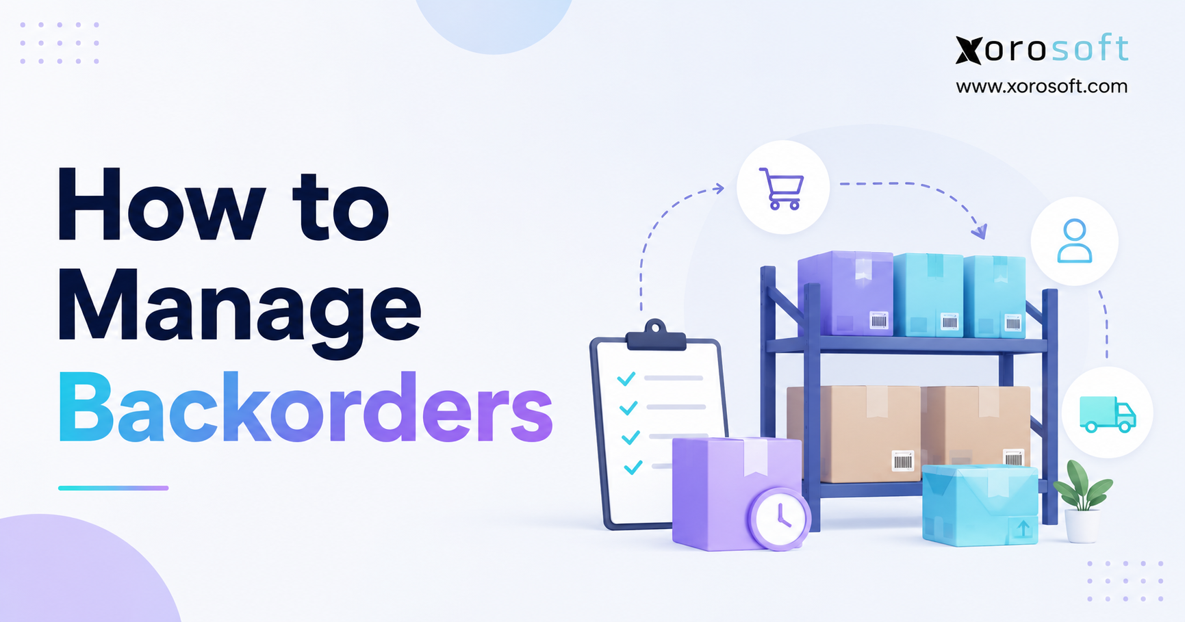 Xorosoft illustration for managing backorders, showing stocked warehouse shelves, delayed inventory, order tracking, and fulfillment workflow.