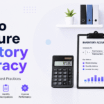 Minimalist Xorosoft blog banner titled “How to Measure Inventory Accuracy” with blue-to-violet gradient text, inventory accuracy formula on a clipboard, calculator, barcode scanner, shipping boxes, and a KPI chart on a soft light background.