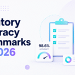 Minimalist blog header for “Inventory Accuracy Benchmarks for 2026” featuring large navy text, a blue-to-purple “2026,” the Xorosoft logo and website, and illustrated warehouse analytics elements including a checklist, accuracy gauge, chart cards, and storage shelves with boxes.