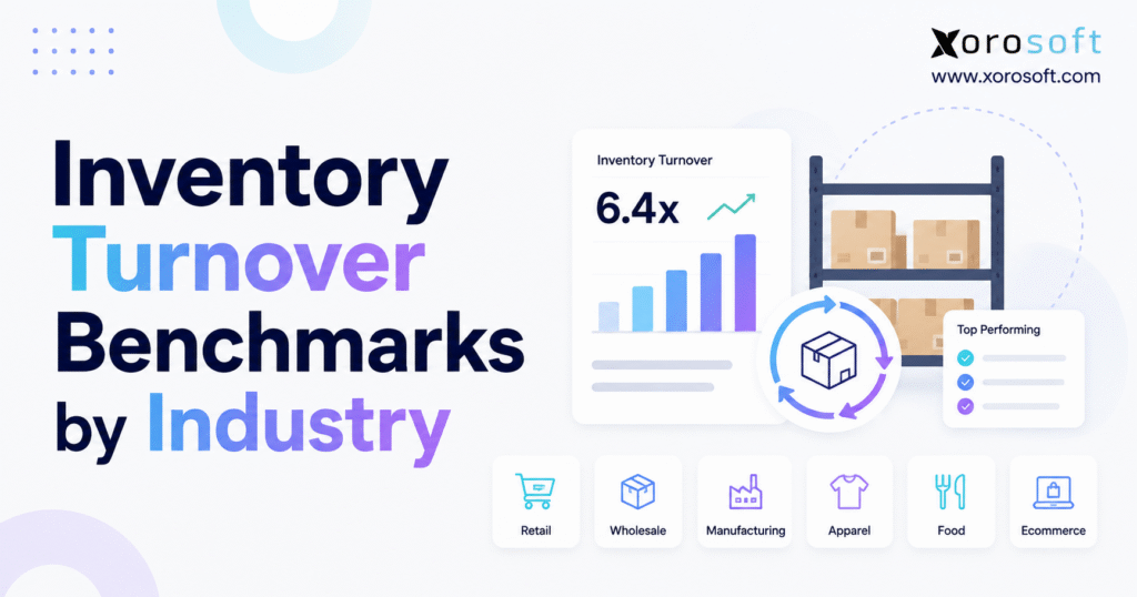 Inventory turnover benchmarks by industry with warehouse inventory, turnover analytics, and industry icons for retail, wholesale, manufacturing, apparel, food, and ecommerce.