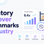 Inventory turnover benchmarks by industry with warehouse inventory, turnover analytics, and industry icons for retail, wholesale, manufacturing, apparel, food, and ecommerce.