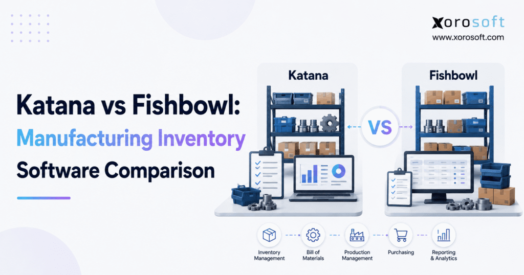 Katana vs Fishbowl manufacturing inventory software comparison featuring warehouse shelves, production management, BOM, purchasing, and reporting workflows.