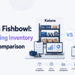 Katana vs Fishbowl manufacturing inventory software comparison featuring warehouse shelves, production management, BOM, purchasing, and reporting workflows.