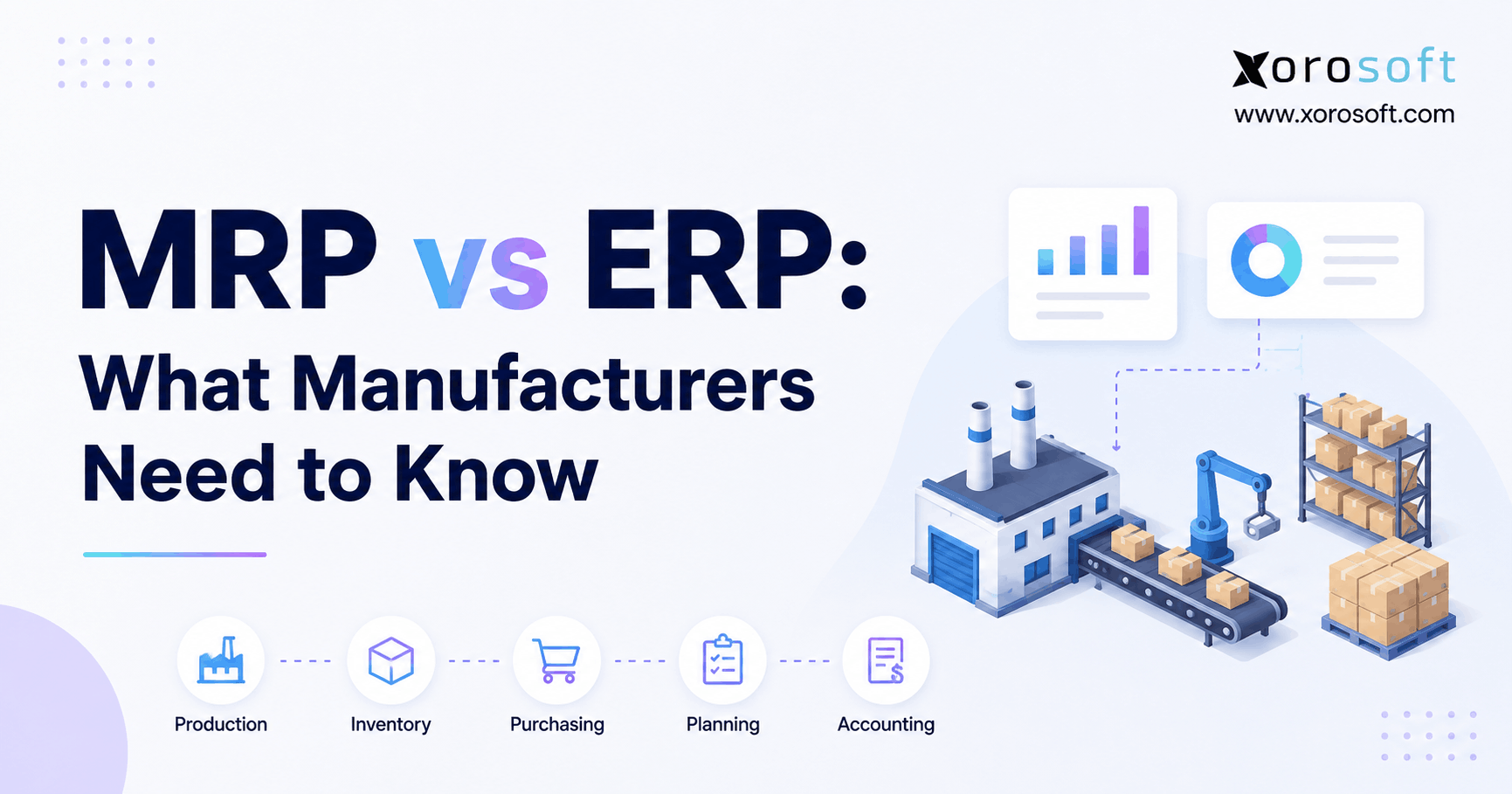 MRP vs ERP comparison for manufacturers showing production, inventory, purchasing, planning, accounting, factory, and warehouse operations.
