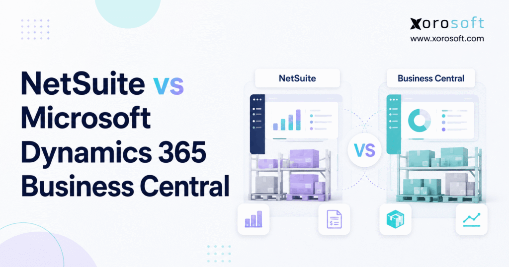 NetSuite vs Microsoft Dynamics 365 Business Central comparison graphic with Xorosoft branding, showing two ERP dashboard and warehouse illustrations side by side.