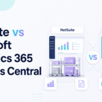 NetSuite vs Microsoft Dynamics 365 Business Central comparison graphic with Xorosoft branding, showing two ERP dashboard and warehouse illustrations side by side.