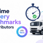 On-Time Delivery Benchmarks for Distributors with delivery truck, OTD 96% chart, stopwatch, shipment boxes, and Xorosoft branding