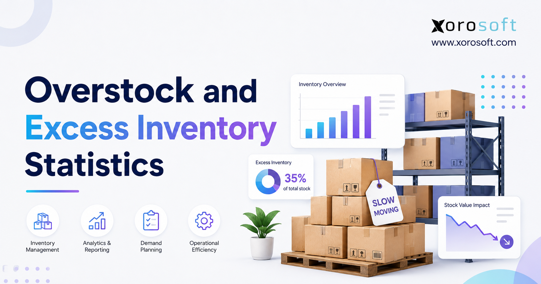Overstock and excess inventory statistics blog image featuring warehouse shelves, stacked boxes, inventory charts, and Xorosoft branding.