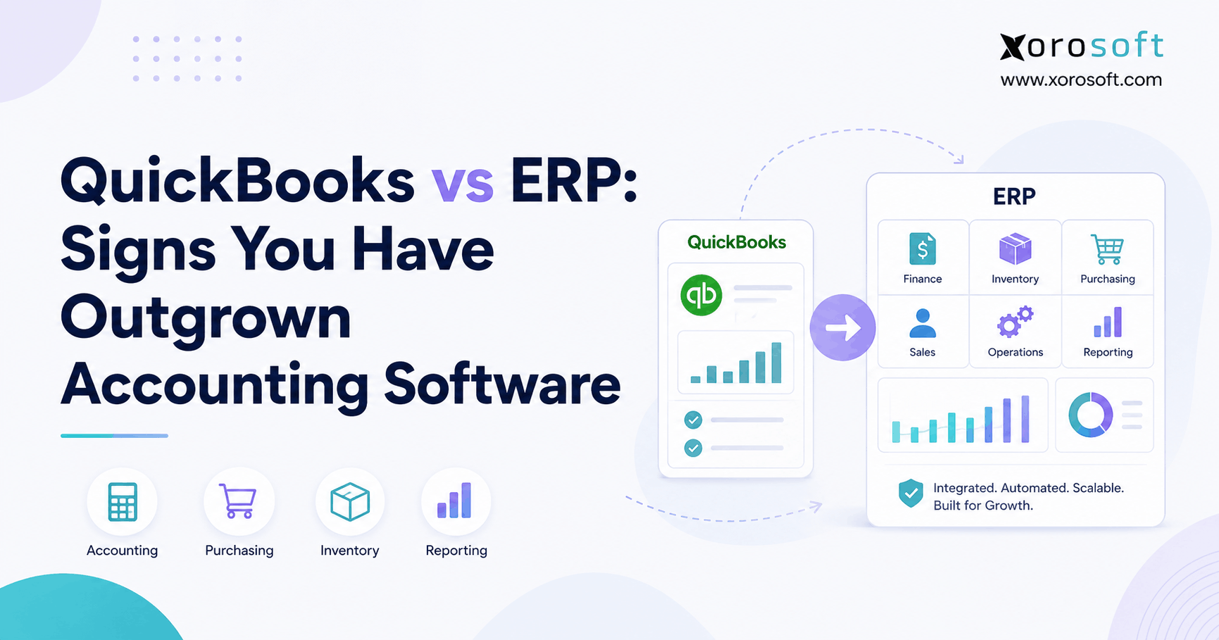 QuickBooks vs ERP comparison showing signs a growing business has outgrown accounting software and needs integrated inventory, purchasing, operations, and reporting.