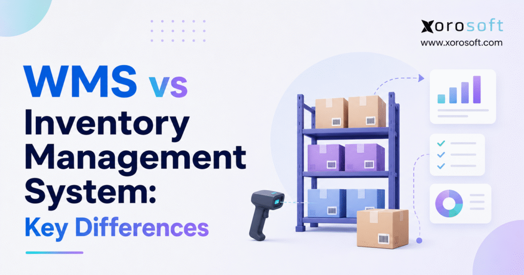 WMS vs inventory management system comparison graphic with warehouse shelves, inventory boxes, barcode scanner, and management dashboard.
