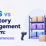 WMS vs inventory management system comparison graphic with warehouse shelves, inventory boxes, barcode scanner, and management dashboard.