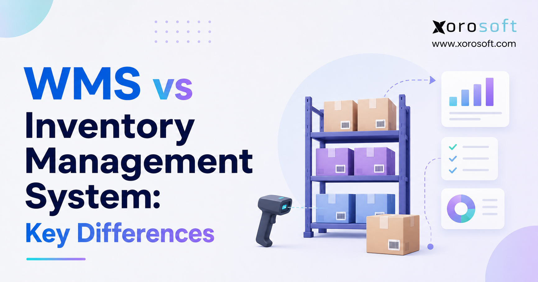WMS vs inventory management system comparison graphic with warehouse shelves, inventory boxes, barcode scanner, and management dashboard.