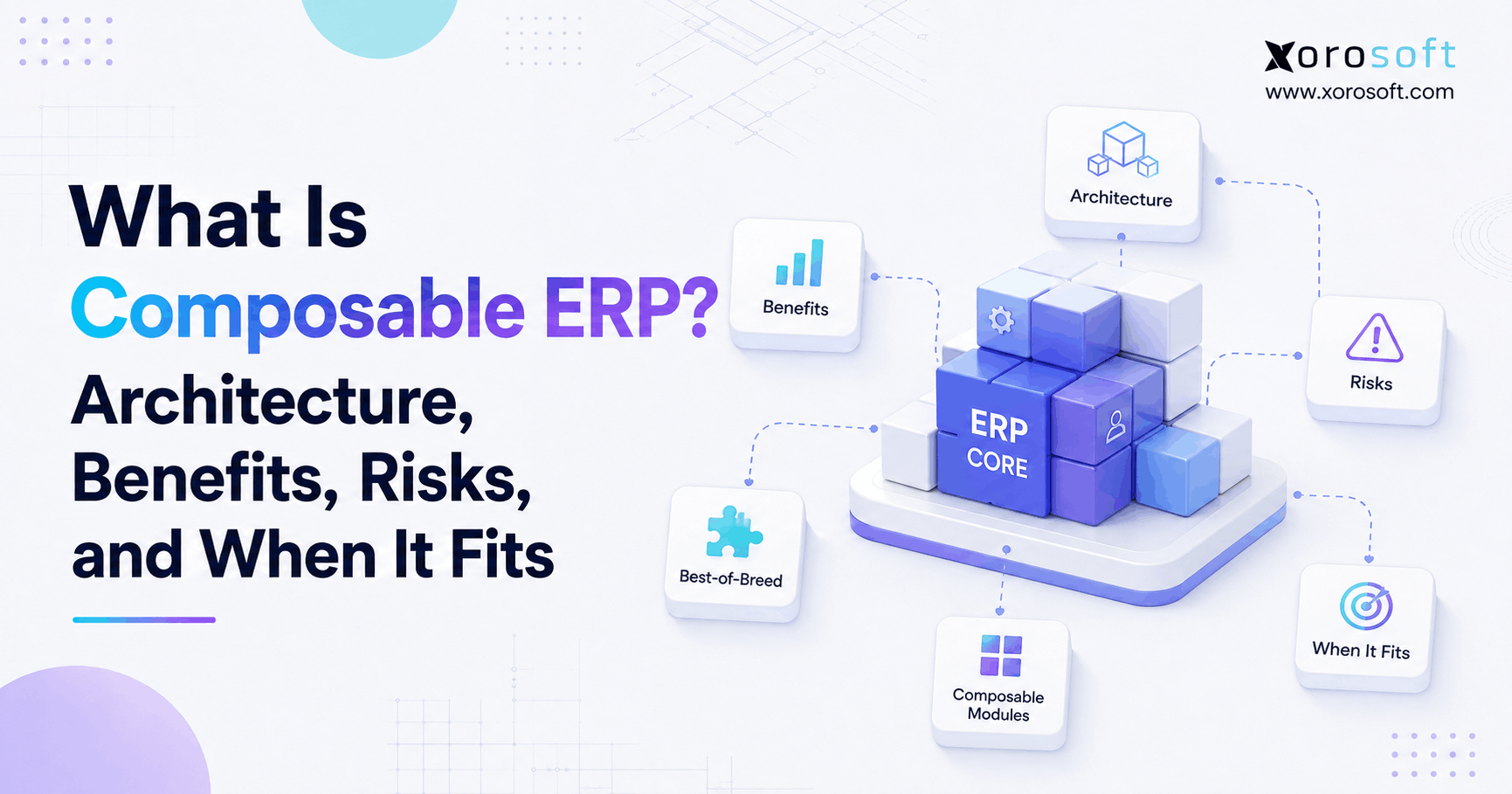 What Is Composable ERP Architecture, Benefits, Risks, and When It Fits Composable ERP architecture showing modular business capabilities connected around a central ERP core