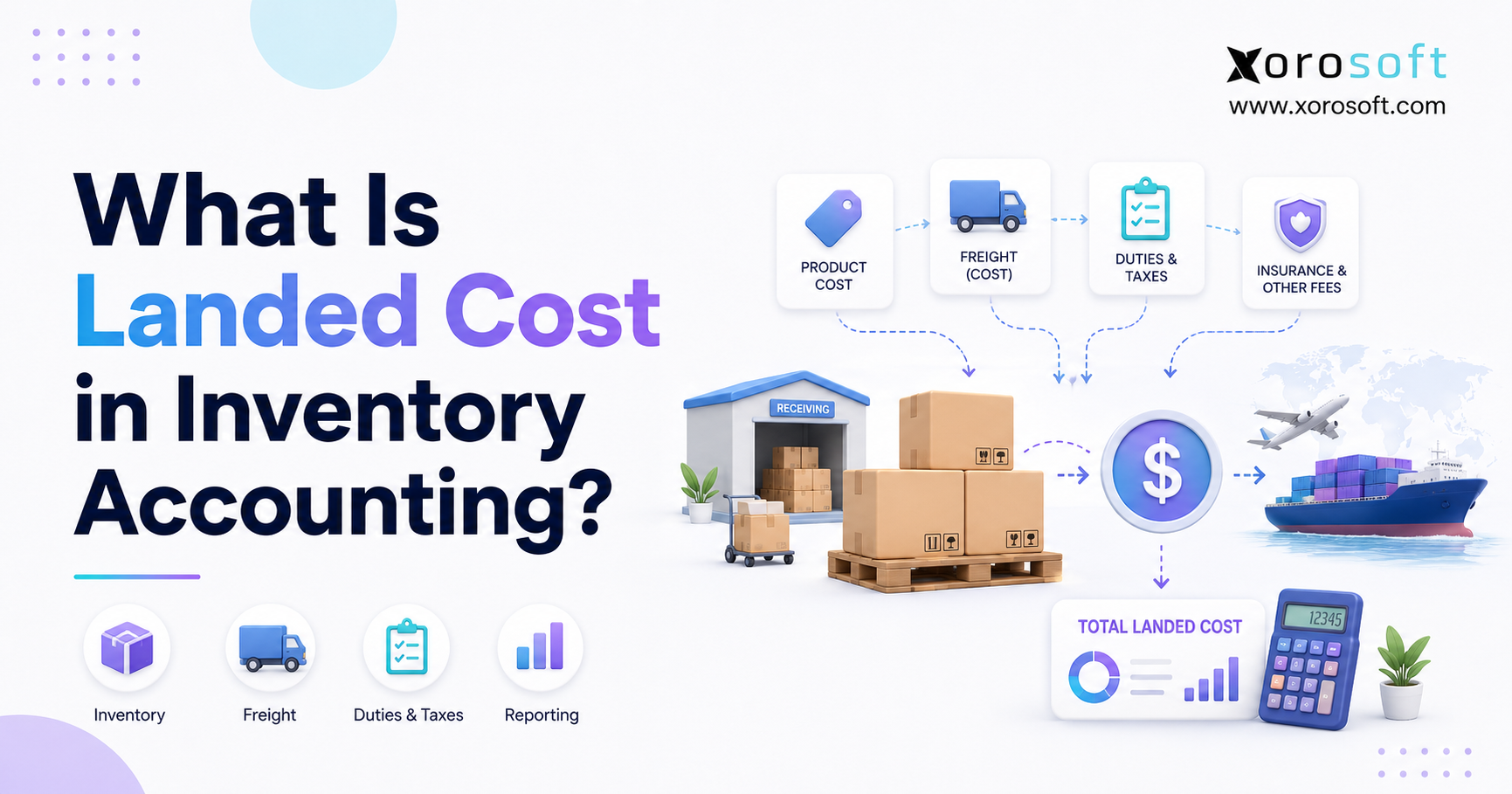 Landed cost inventory accounting cost stack with freight duties insurance and handling.