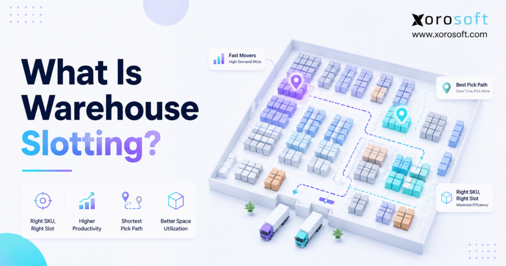 Warehouse slotting optimization showing SKU placement, pick paths, and organized storage locations for faster fulfillment.