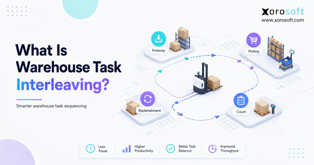 Warehouse task interleaving workflow showing putaway, picking, replenishment, and cycle counting.