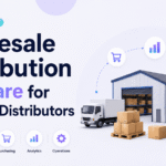 Minimalist blog banner for “Wholesale Distribution Software for Growing Distributors” featuring a warehouse, truck, storage racks, boxes, analytics icons, and Xorosoft branding.