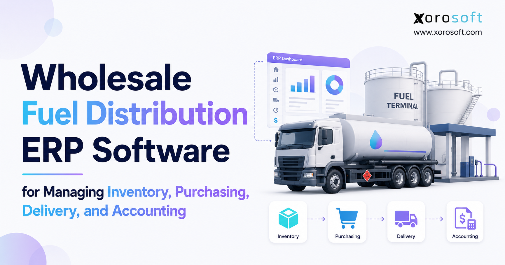 Wholesale Fuel Distribution ERP Software for Managing Inventory, Purchasing, Delivery, and Accounting Wholesale fuel distribution ERP software connecting inventory, purchasing, delivery, accounting, fuel terminals, and tanker operations in one integrated system.