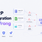 ERP data migration showing legacy systems, spreadsheets, and CSV files moving into a modern ERP with validation checks.
