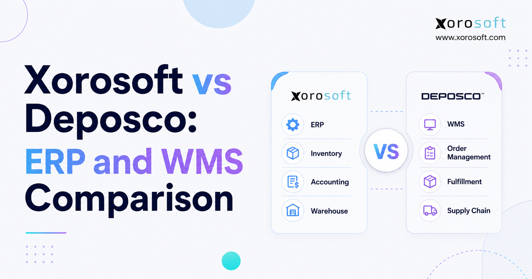 Xorosoft vs Deposco ERP and WMS comparison showing inventory, accounting, warehouse management, order management, fulfillment, and supply chain capabilities.