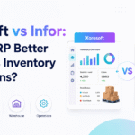 Xorosoft vs Infor comparison graphic showing which ERP better supports inventory operations, with dashboard visuals, warehouse elements, and key functions like inventory, purchasing, warehouse, and operations.