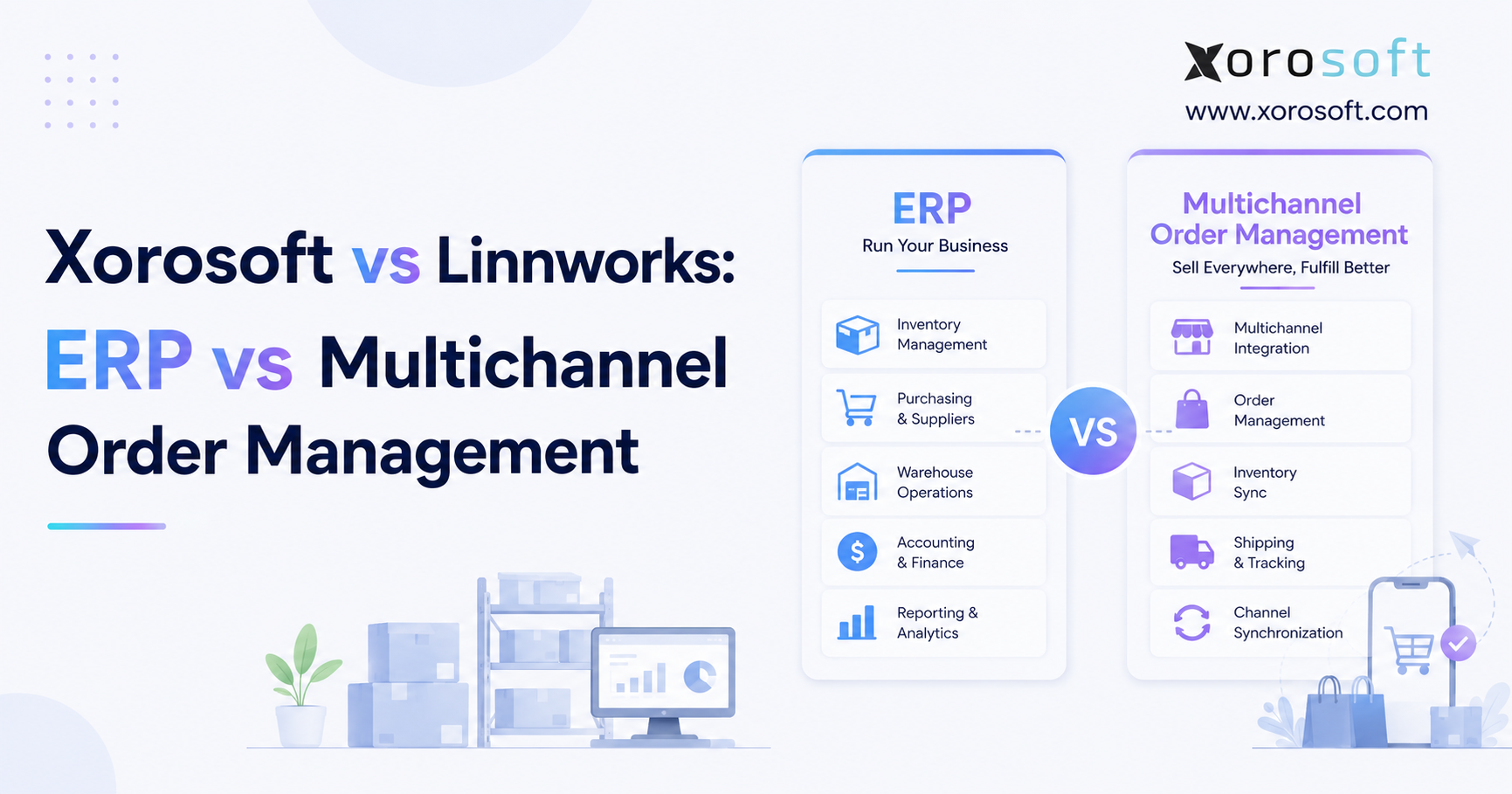 Xorosoft vs Linnworks comparison showing cloud ERP and multichannel order management workflows for ecommerce operations.