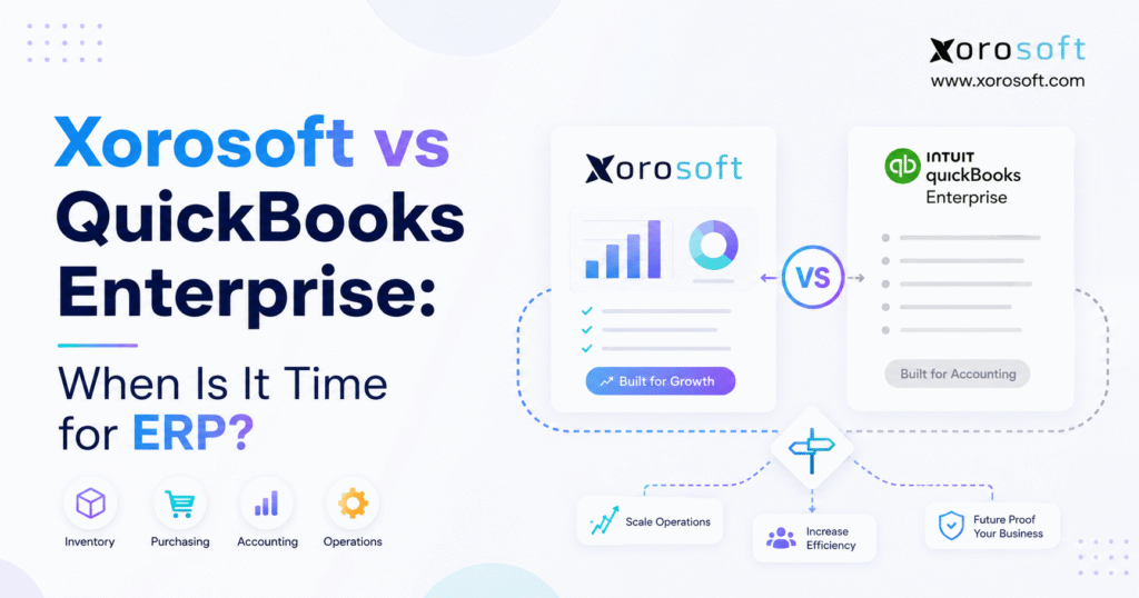 Xorosoft vs QuickBooks Enterprise comparison showing when growing businesses should consider moving to ERP for inventory, purchasing, accounting, and operations.