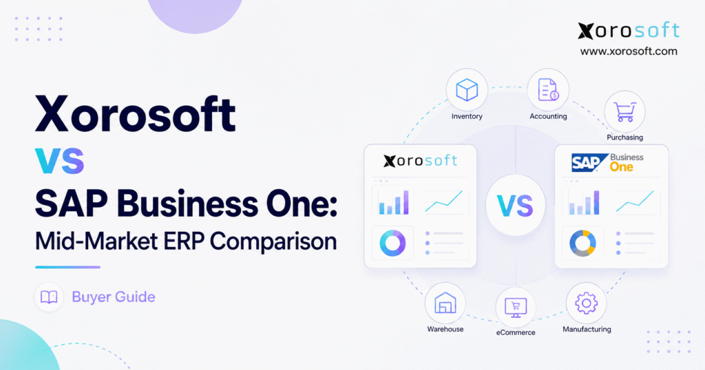 Xorosoft vs SAP Business One mid-market ERP comparison covering inventory, accounting, purchasing, warehouse, ecommerce, and manufacturing.