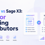 Xorosoft vs Sage X3 blog banner showing a clean ERP comparison for growing distributors, with warehouse shelves, comparison cards, and icons for inventory, purchasing, warehousing, finance, and analytics.