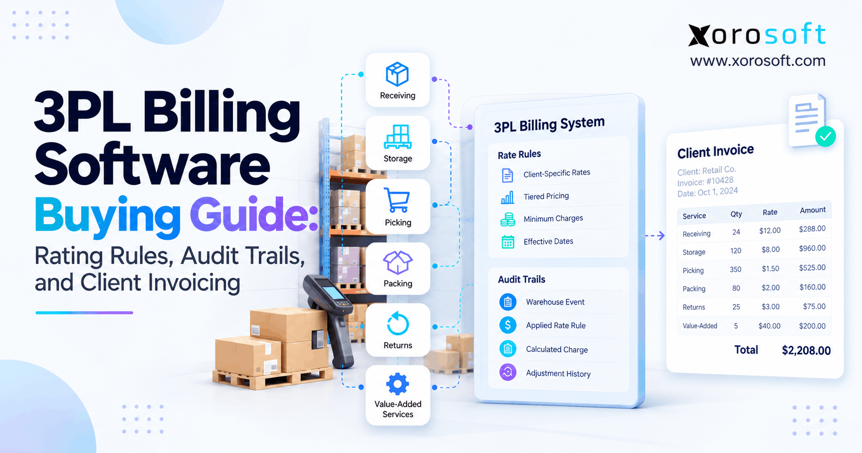 3PL billing software connecting warehouse activity, rate rules, audit trails, and client invoicing.