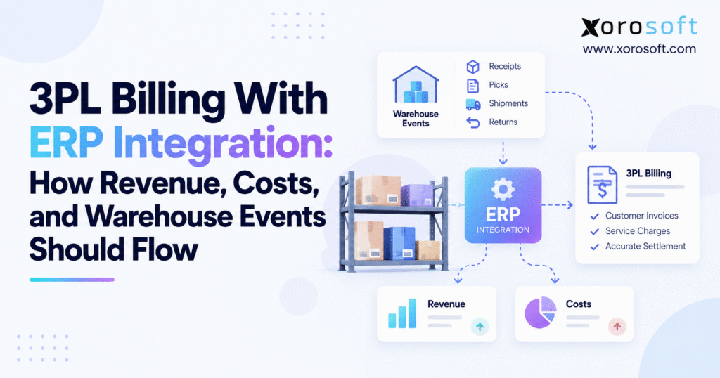 Minimalist blog header for “3PL Billing With ERP Integration” showing warehouse events flowing into ERP integration, 3PL billing, revenue, and cost tracking, with Xorosoft branding.