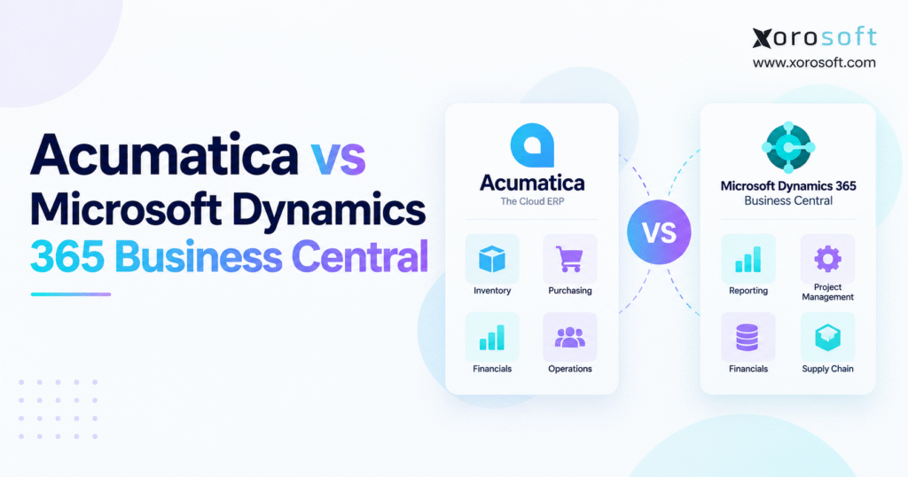 Acumatica vs Microsoft Dynamics 365 Business Central ERP comparison showing inventory, purchasing, financials, reporting, operations, and supply chain capabilities with Xorosoft branding.