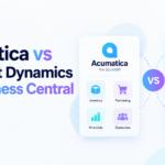 Acumatica vs Microsoft Dynamics 365 Business Central ERP comparison showing inventory, purchasing, financials, reporting, operations, and supply chain capabilities with Xorosoft branding.