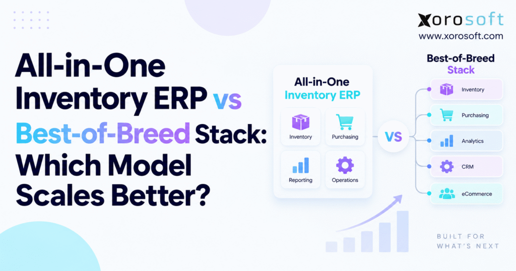 Minimalistic blog banner showing the title “All-in-One Inventory ERP vs Best-of-Breed Stack: Which Model Scales Better?” with Xorosoft branding and a visual comparison between one integrated ERP system and multiple connected software tools.