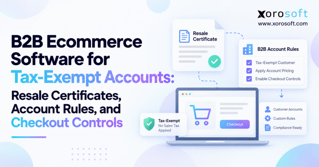 Minimalist blog banner for “B2B Ecommerce Software for Tax-Exempt Accounts” featuring resale certificate, B2B account rules, and checkout control illustrations with Xorosoft branding.
