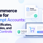 Minimalist blog banner for “B2B Ecommerce Software for Tax-Exempt Accounts” featuring resale certificate, B2B account rules, and checkout control illustrations with Xorosoft branding.