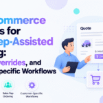 Minimalistic Xorosoft blog banner for B2B sales rep ordering, showing quotes, price overrides, customer-specific pricing, approvals, and workflows.