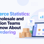 Minimalist blog banner for “B2B Ecommerce Statistics: What Wholesale and Distribution Teams Should Know About Digital Ordering,” featuring Xorosoft branding, large blue and purple headline text, and an illustration of a laptop ecommerce dashboard with boxes, analytics icons, purchase order card, and warehouse shelving to represent digital wholesale ordering.