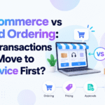 Blog banner showing B2B ecommerce vs rep-led ordering, with an online storefront, a sales representative, and workflow icons for ordering, pricing, approvals, inventory, and workflow.