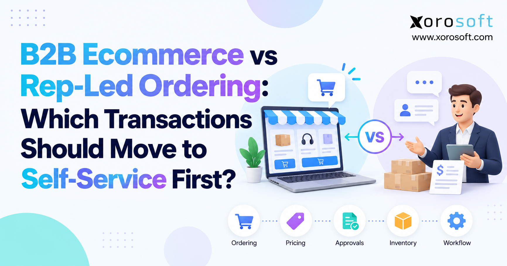 Blog banner showing B2B ecommerce vs rep-led ordering, with an online storefront, a sales representative, and workflow icons for ordering, pricing, approvals, inventory, and workflow.