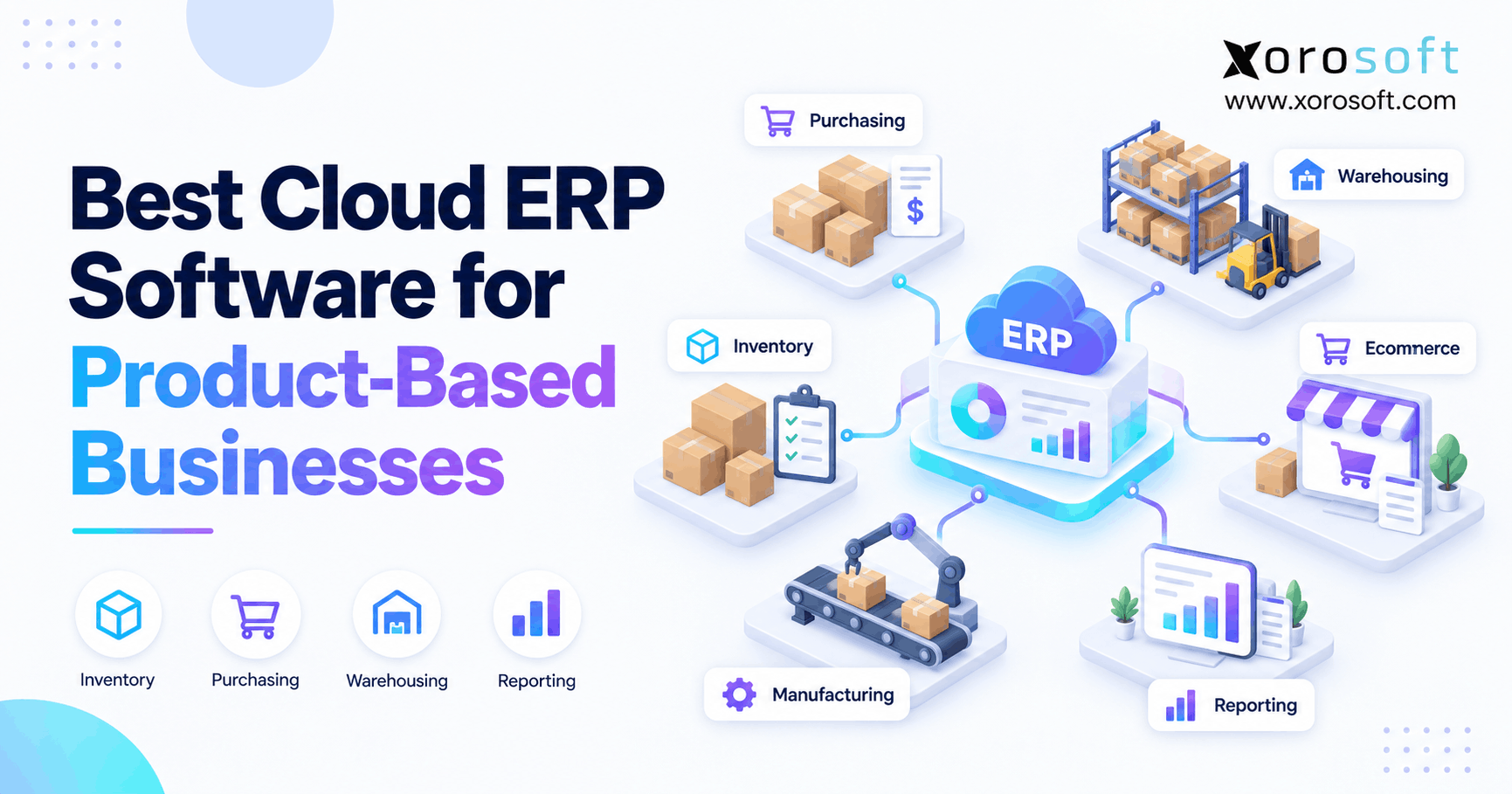 Cloud ERP for product businesses connecting inventory, purchasing, warehouse operations, ecommerce, and accounting.