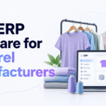 Minimalist blog banner for “Best ERP Software for Apparel Manufacturers” featuring bold navy and gradient blue-purple title text on the left, with the Xorosoft logo and website at the top right. The right side shows apparel manufacturing visuals including a clothing rack, mannequin with measuring tape, folded fabric, thread spools, shipping boxes, and a laptop displaying an ERP dashboard.